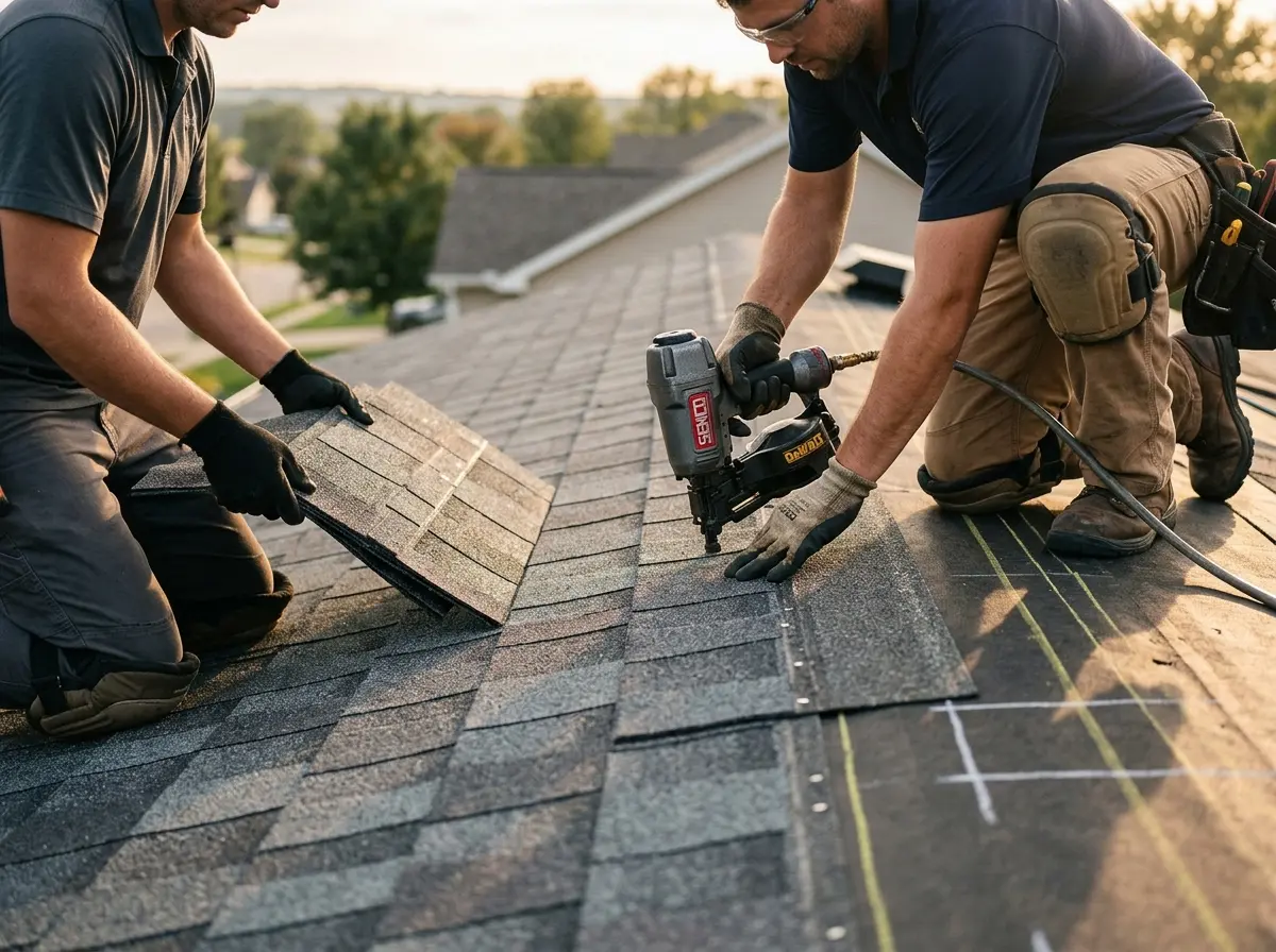 Professional roofer working on a residential roof in Troy